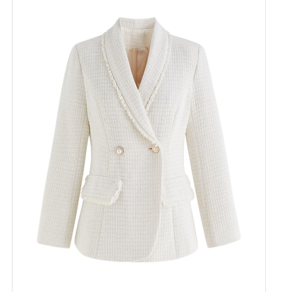 Chic wish ivory shawl collar fringed edges tweed shin blazer size m minimalist